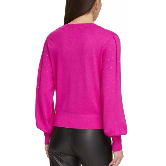 DKNY Pink Studded Crewneck Sweater Donna Karan Embellished Electric Pink Medium - Picture 3 of 15